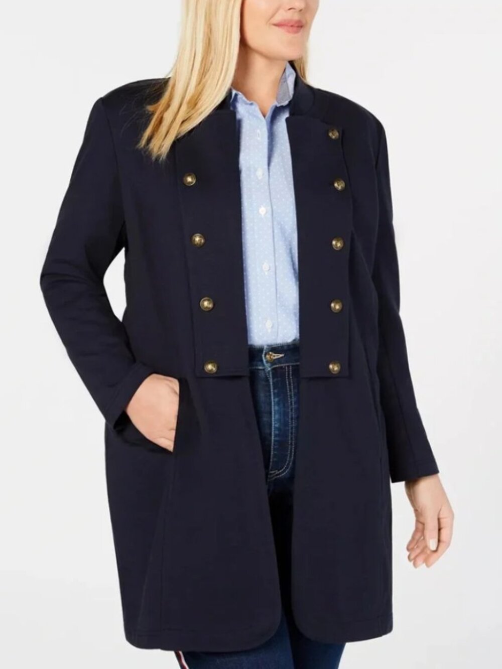 Tommy Hilfiger Navy Blue Double Breasted Preppy Classic Wool Blend Coat Size L